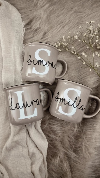 Keramiktasse in Emaille-Optik Buchstabe + Name