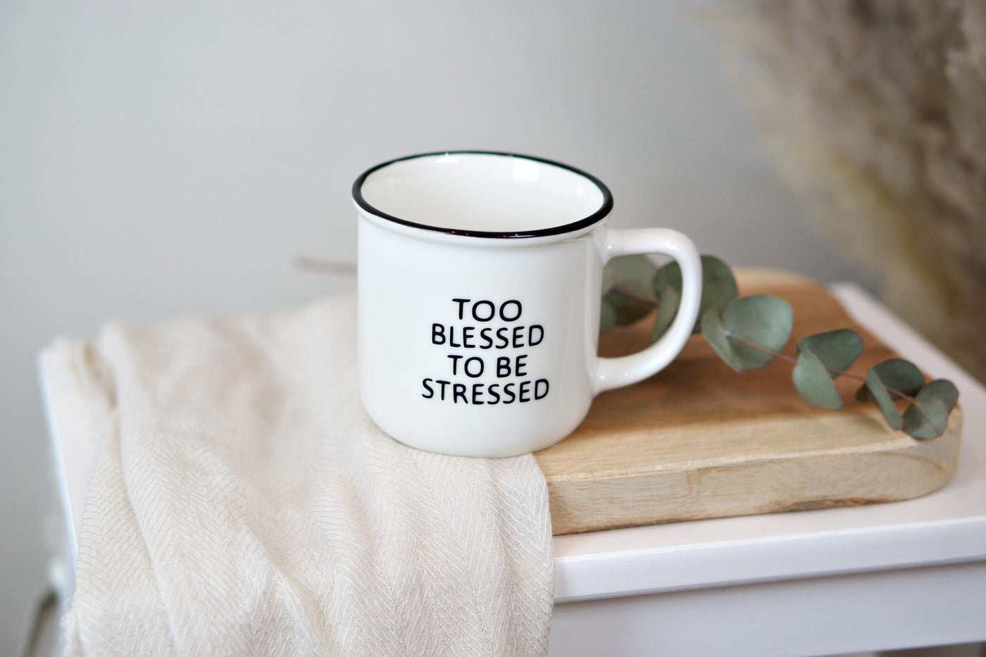 Tasse personalisiert mit Spruch TOO BLESSED TO BE STRESSED